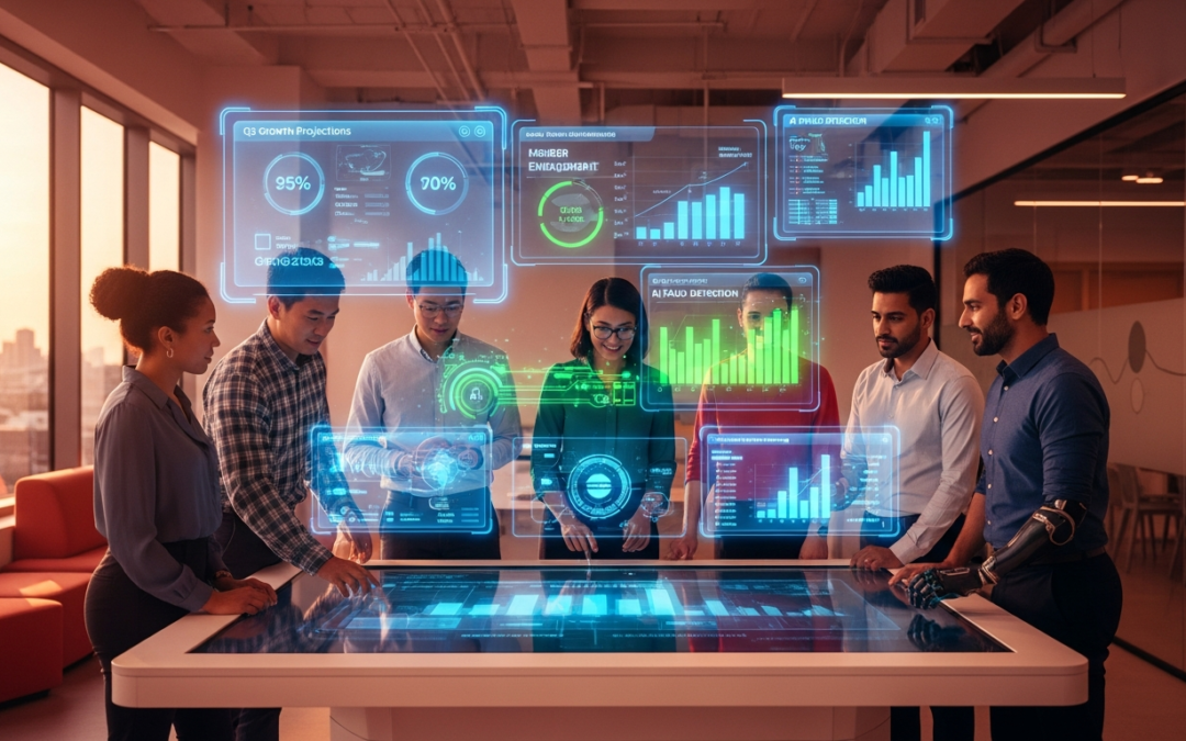 Credit union professionals collaborating around holographic digital banking display