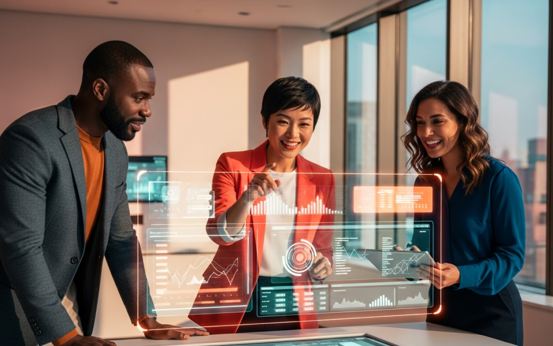 Credit union professionals collaborating around a holographic data display in an innovation lab