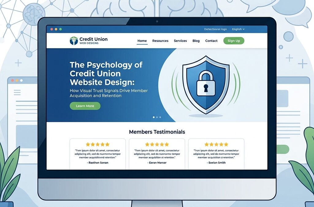 Credit union website showing visual trust signals: shield icons, member testimonials, and professional design driving member acquisition