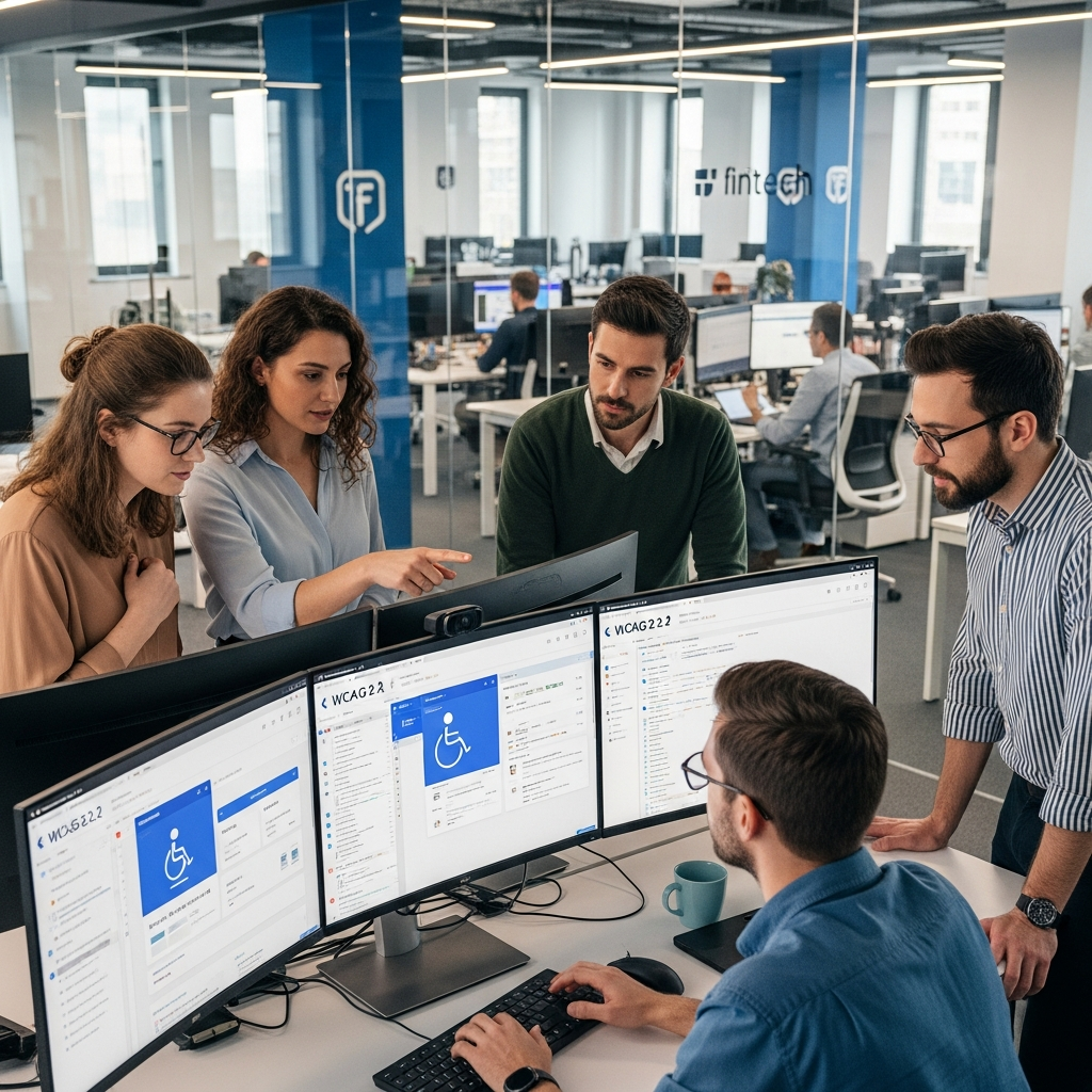 Development team in modern office reviewing WCAG 2.2 compliant credit union website interfaces on multi-monitor setup