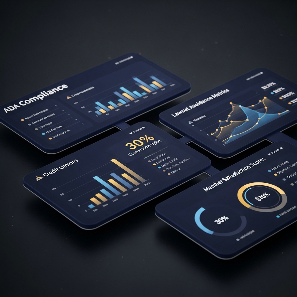 Hyper-realistic infographic dashboard showing ADA compliance benefits for credit unions: conversion uplift, lawsuit metrics, satisfaction scores