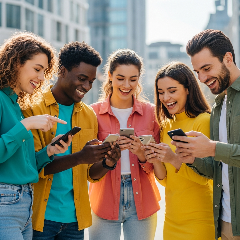 Gen Z young adults excitedly using credit union mobile app together in urban setting