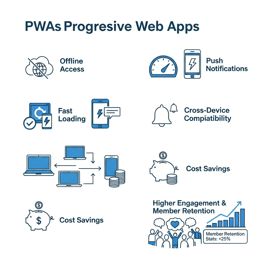 Infographic of PWA benefits for credit unions including offline access, fast loading, push notifications, cross-device compatibility, cost savings, and higher engagement with member retention stats