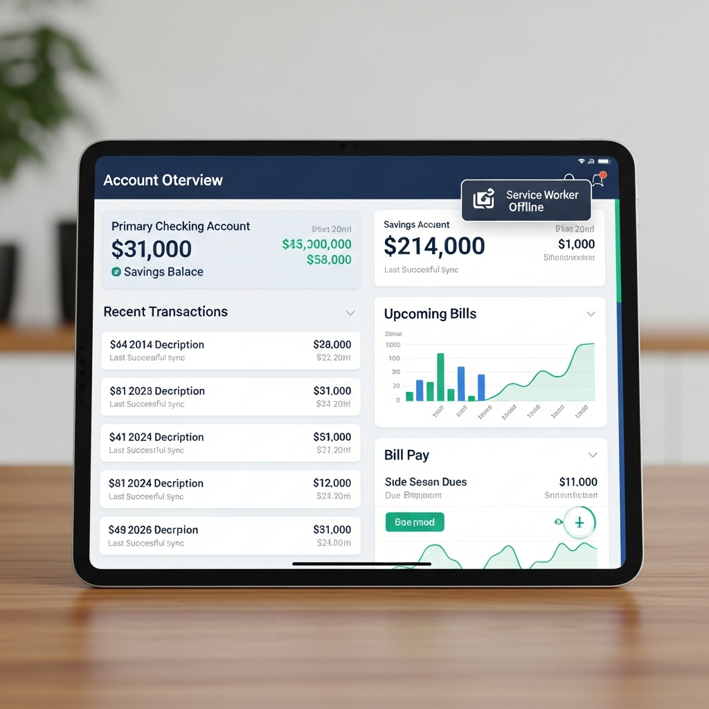 Mockup of credit union PWA dashboard in offline mode showing account overview, recent transactions, bill pay, service worker badge on tablet