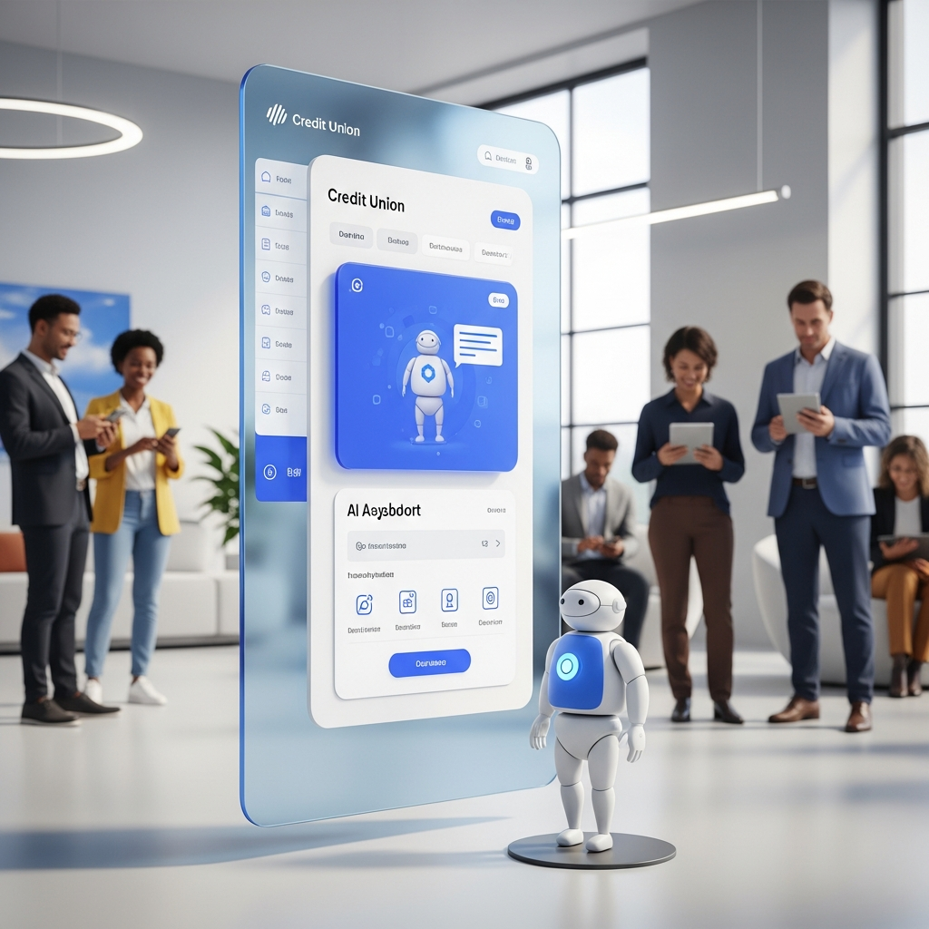 A modern credit union digital interface featuring a sophisticated AI chatbot assistant