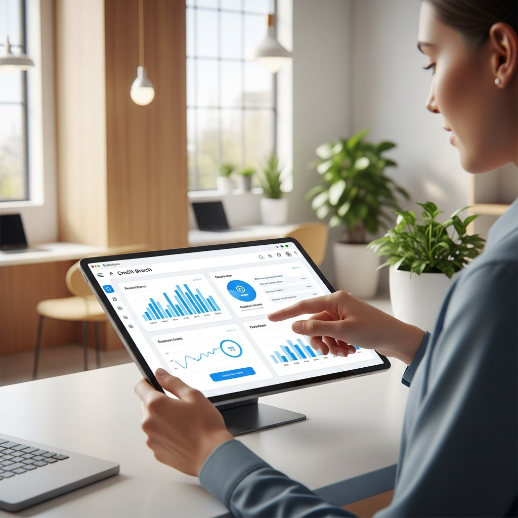 Young professional using a modern credit union digital branch interface on a tablet.