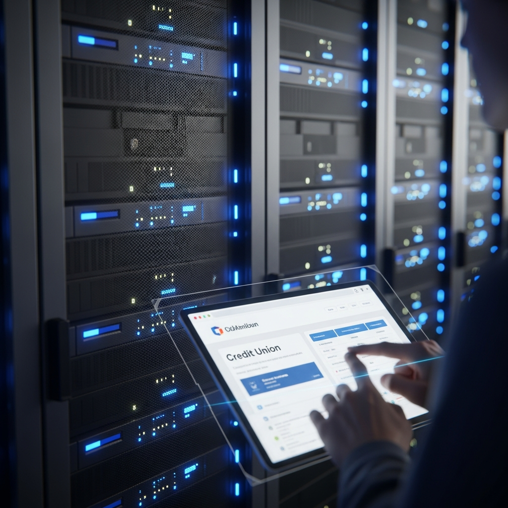 Close-up of high-performance server hardware with blue LED lights for credit union web hosting