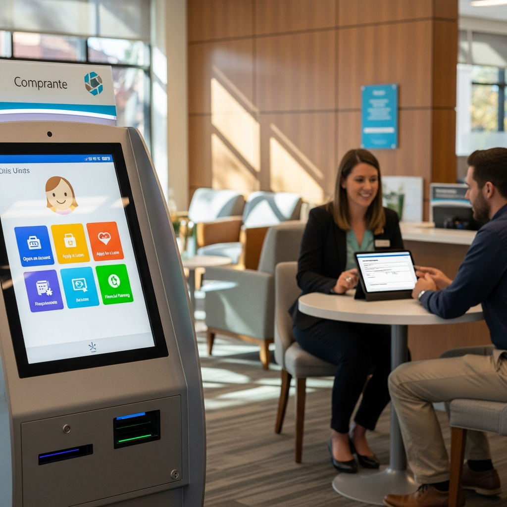 Modern credit union digital branch interior with interactive kiosks