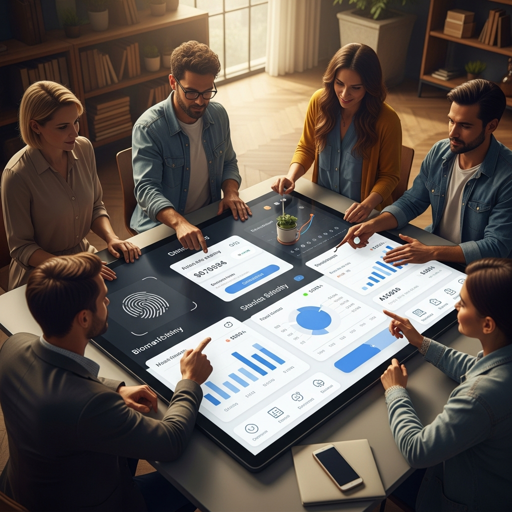 UX designers collaborating on biometric security interface for a credit union mobile app