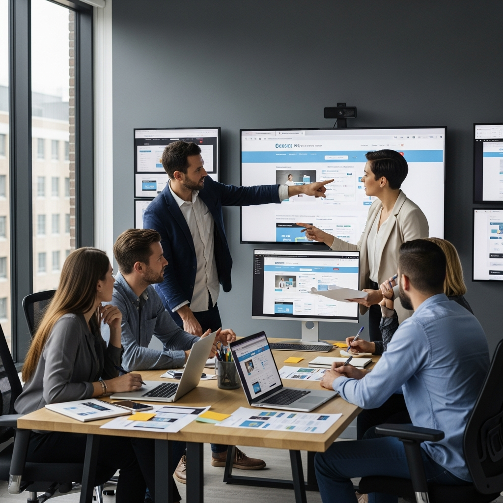 Credit union website design team reviewing ADA compliance mockups