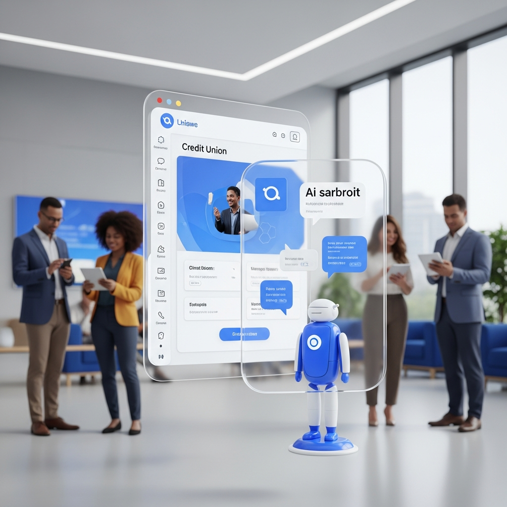 A sleek digital banking interface with glassmorphism elements and an AI assistant