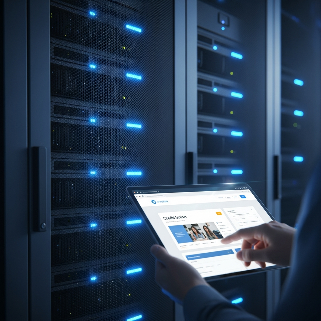 A tablet showing a credit union digital dashboard with server racks in the background