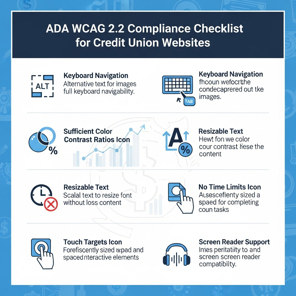 ADA WCAG 2.2 compliance checklist for credit union websites including alt text, keyboard nav, color contrast