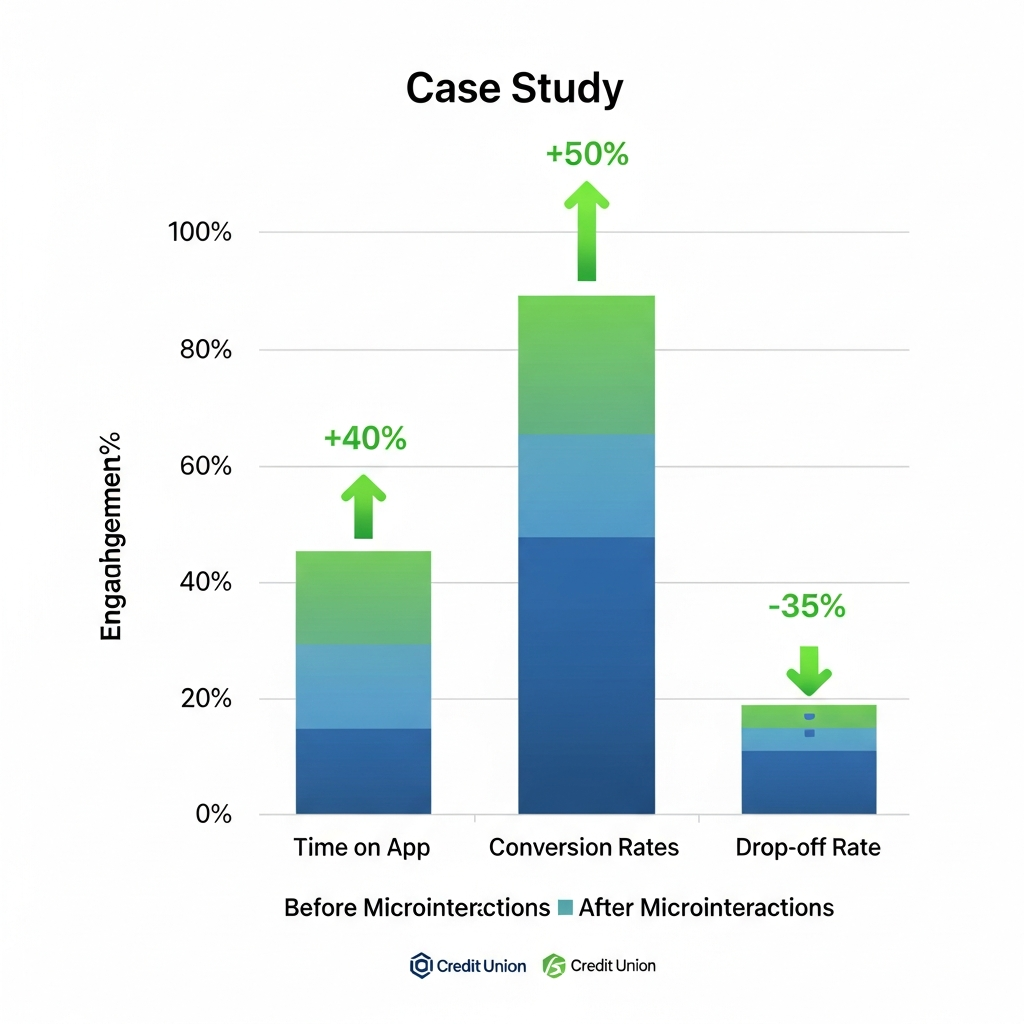 Case study bar chart showing 50% engagement increase, 40% conversion uplift, 35% drop-off reduction after microinteractions in credit union app