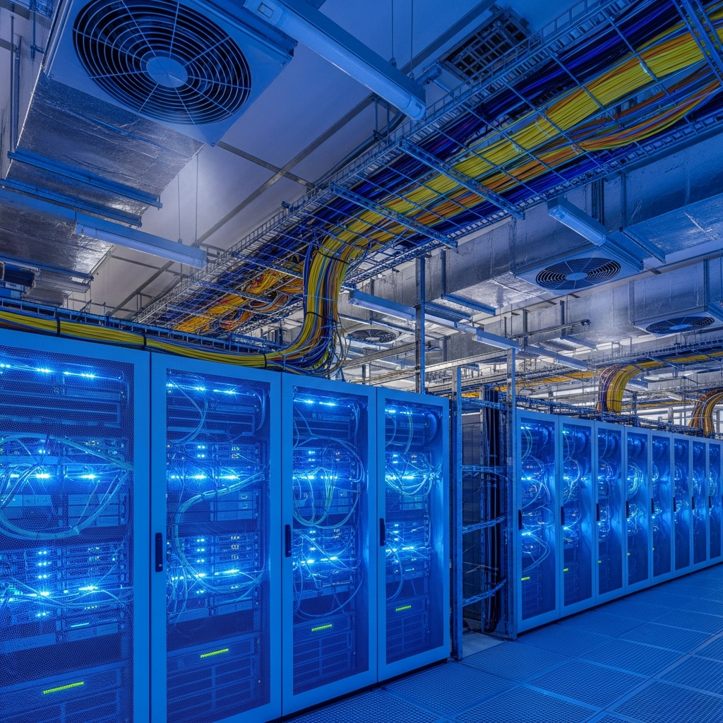 High-tech data center with server racks representing robust hosting infrastructure for credit unions