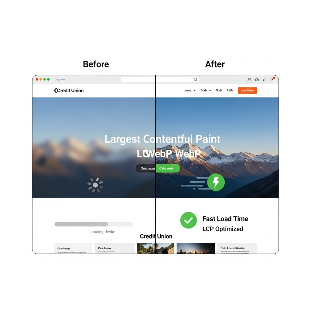 Before and after LCP optimization on a credit union website showing slow blurry load vs fast crisp image