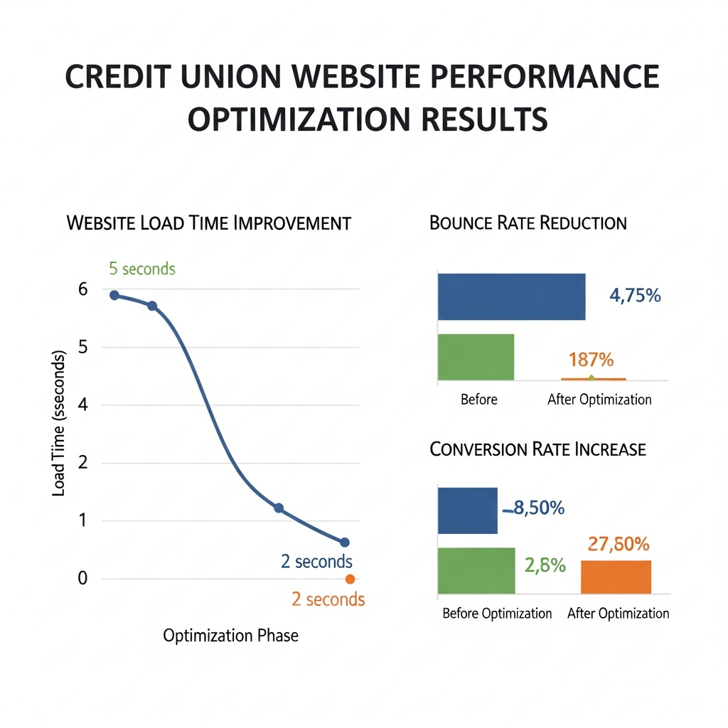 Infographic showing website load time improvement, bounce rate reduction, and conversion rate increase for credit union sites