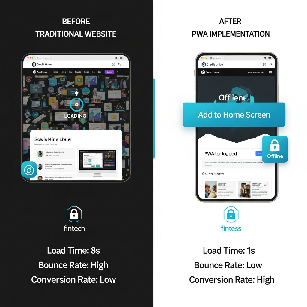 Before-after PWA implementation on credit union website: load times, bounce rates, conversions