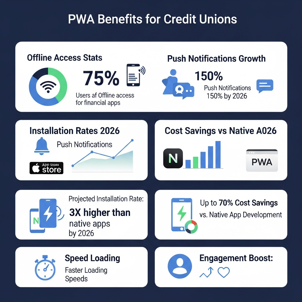 PWA benefits infographic for credit unions: offline access stats, push notifications growth, installation rates 2026