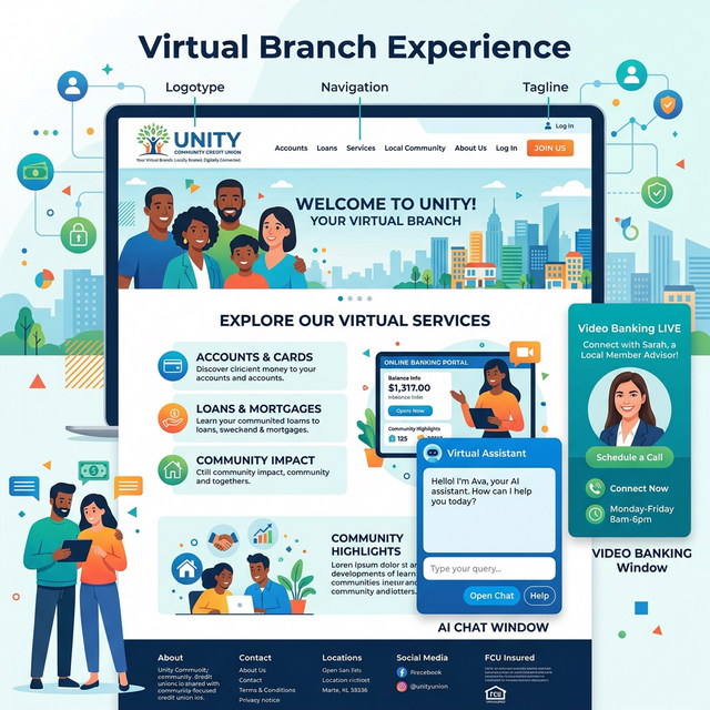 A vibrant illustration of a community-focused credit union website interface featuring integrated AI chat and video banking elements