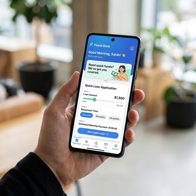 A sleek mobile banking app on a smartphone showing a personalized greeting and easy-to-use loan application flow, emphasizing user experience (UX) and modern UI design