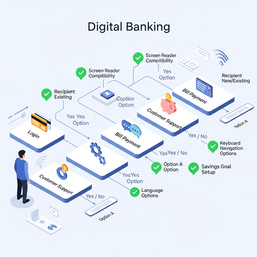 Digital banking user journey map showing accessibility checkpoints