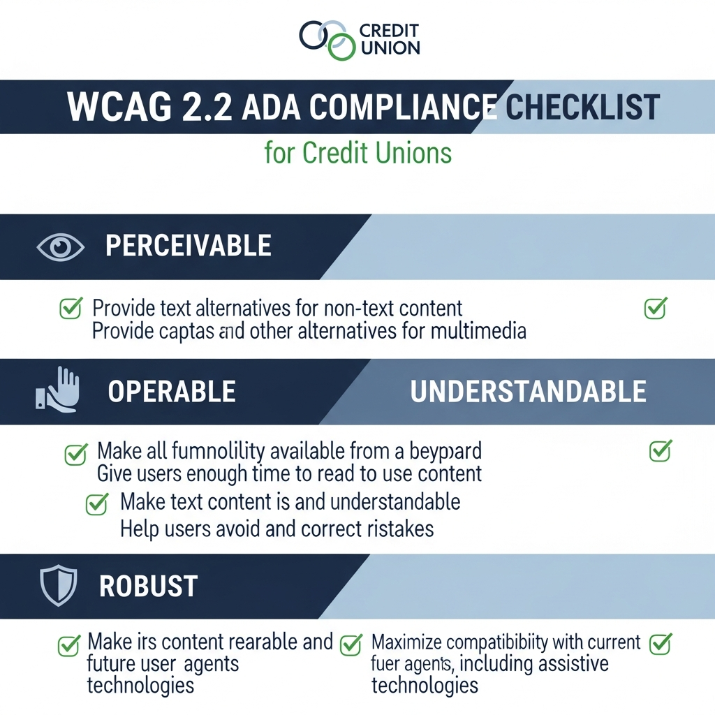 WCAG 2.2 ADA Compliance Checklist Infographic for Credit Unions showing POUR principles