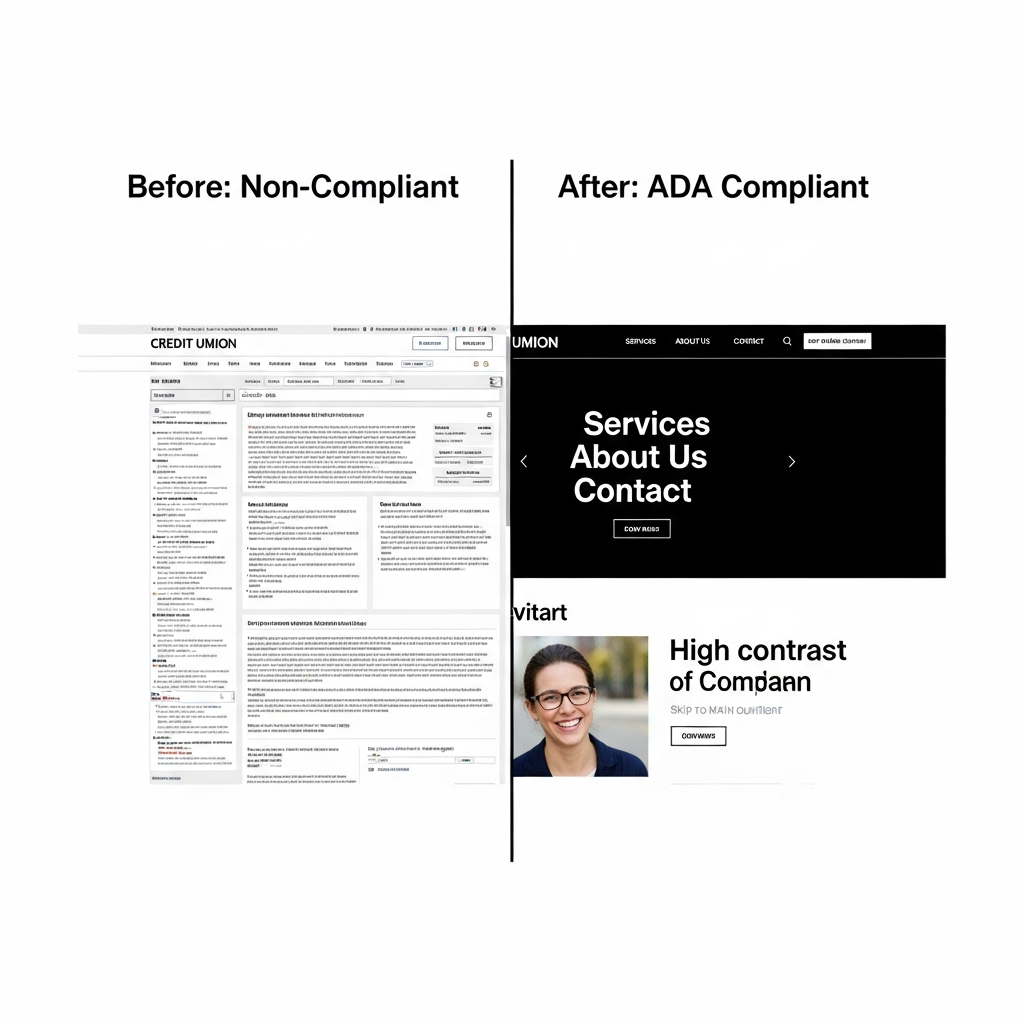 Before and after comparison of non-compliant vs ADA compliant credit union website designs