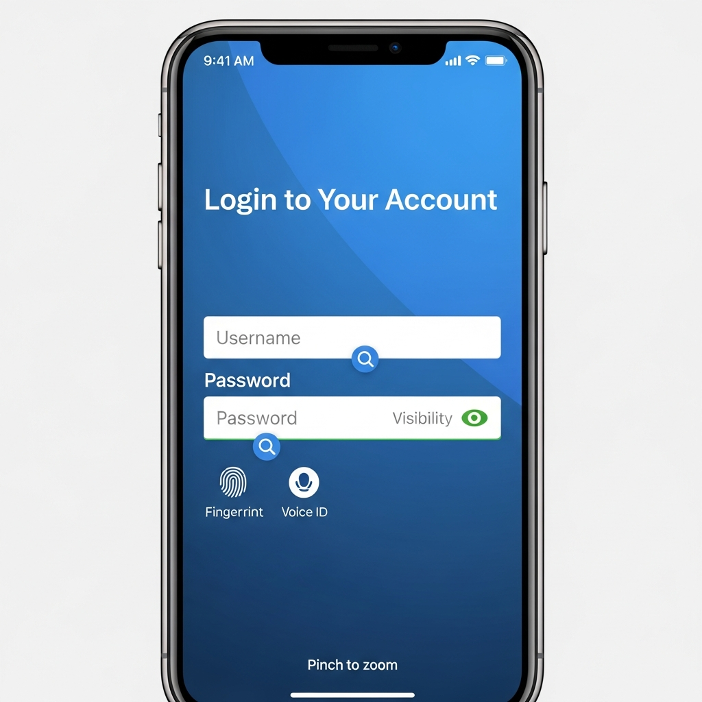 Credit union mobile app login screen optimized for ADA compliance, featuring large text, high contrast, and assistive technology hints