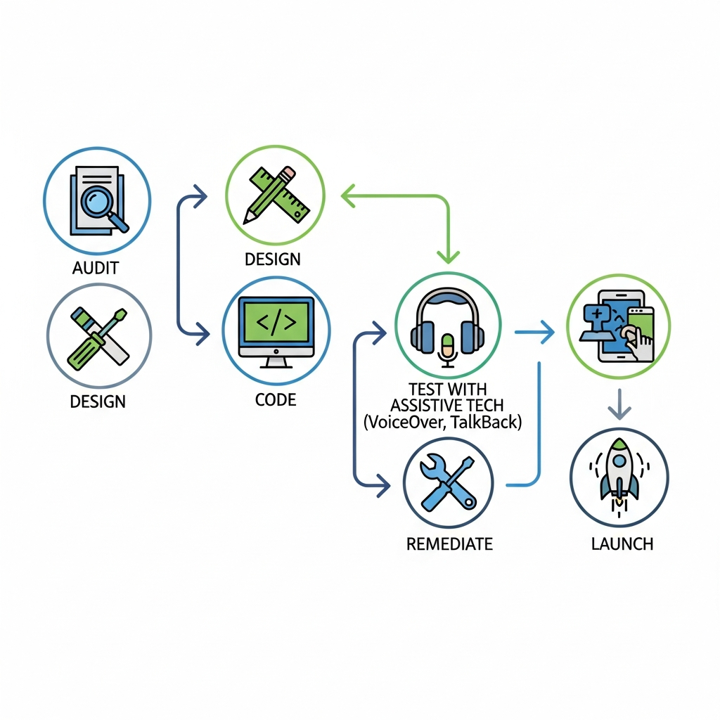 Flowchart of ADA/WCAG implementation process for credit union mobile apps: Audit, Design, Code, Test, Remediate, Launch