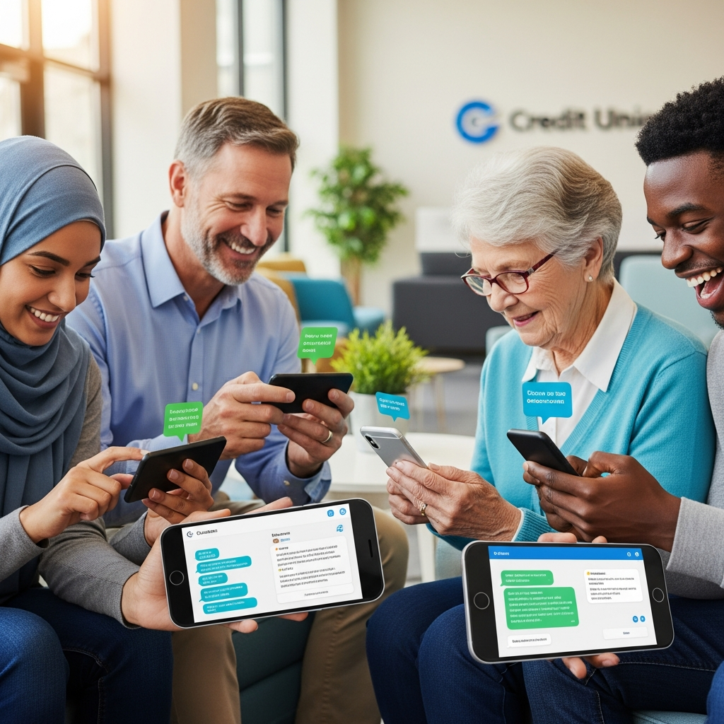 Diverse group of credit union members interacting with AI chatbots