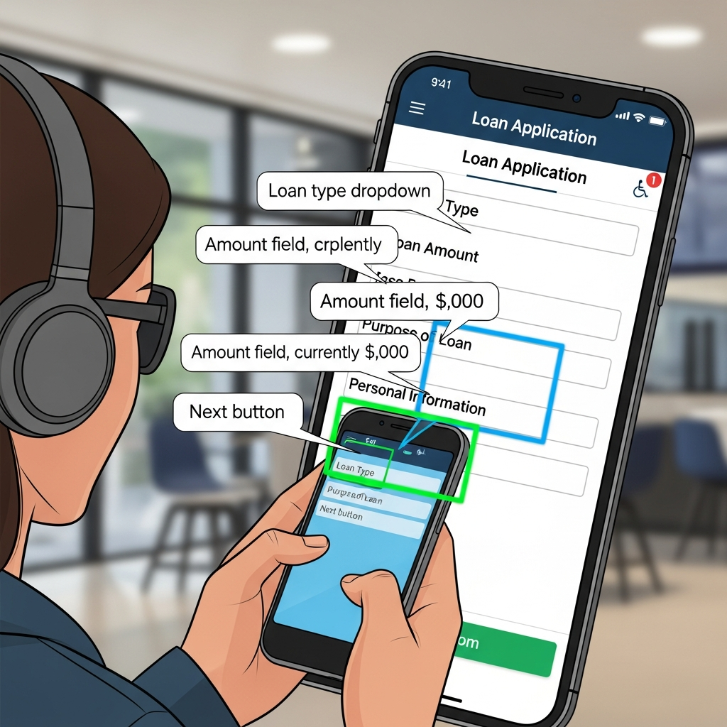Screen reader user with headphones navigating credit union loan app: focus on form fields, dropdowns, voice bubbles.