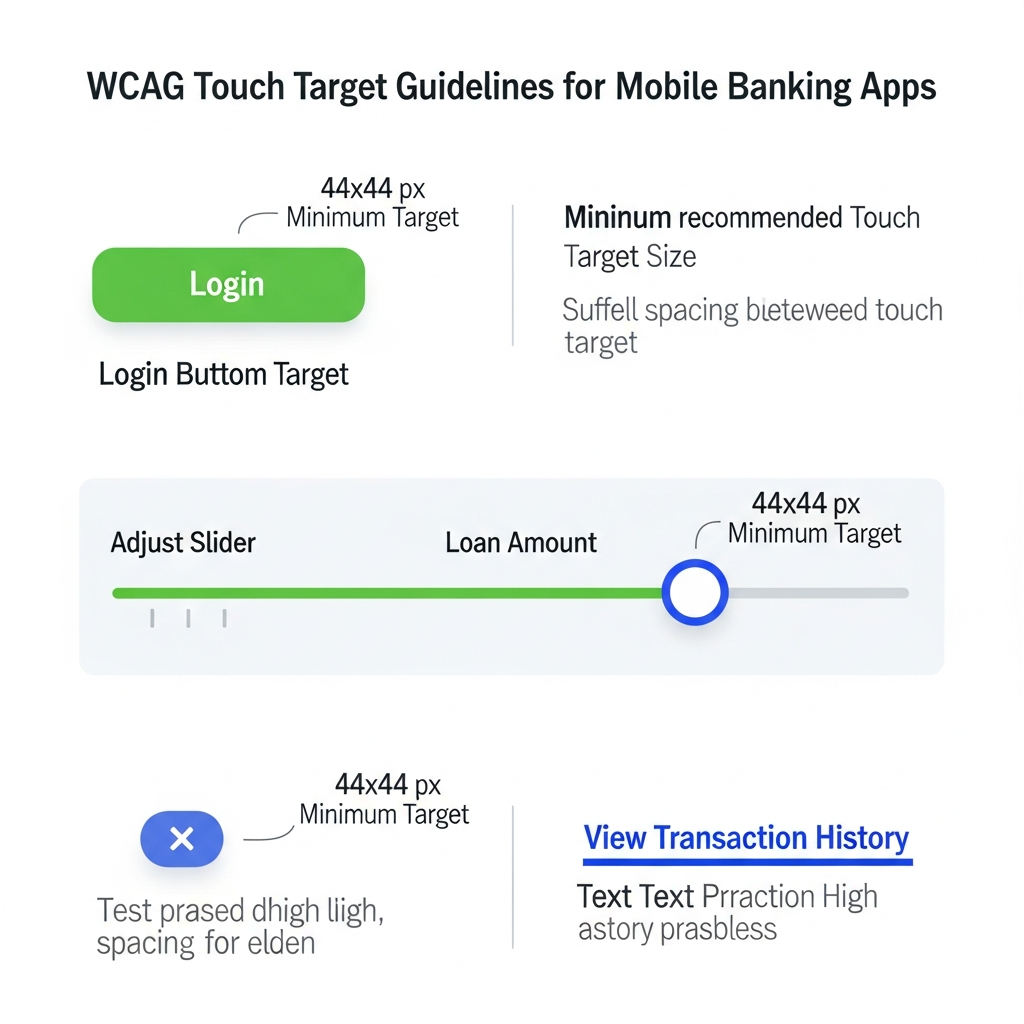 WCAG Touch Target Guidelines Infographic for Credit Union Mobile Banking Apps: Minimum 44x44px sizes, spacing examples for buttons, sliders, links.