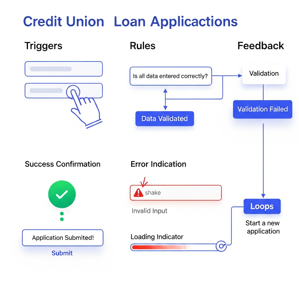 Diagram of microinteractions framework: Triggers, Rules, Feedback, and Loops applied to credit union loan application