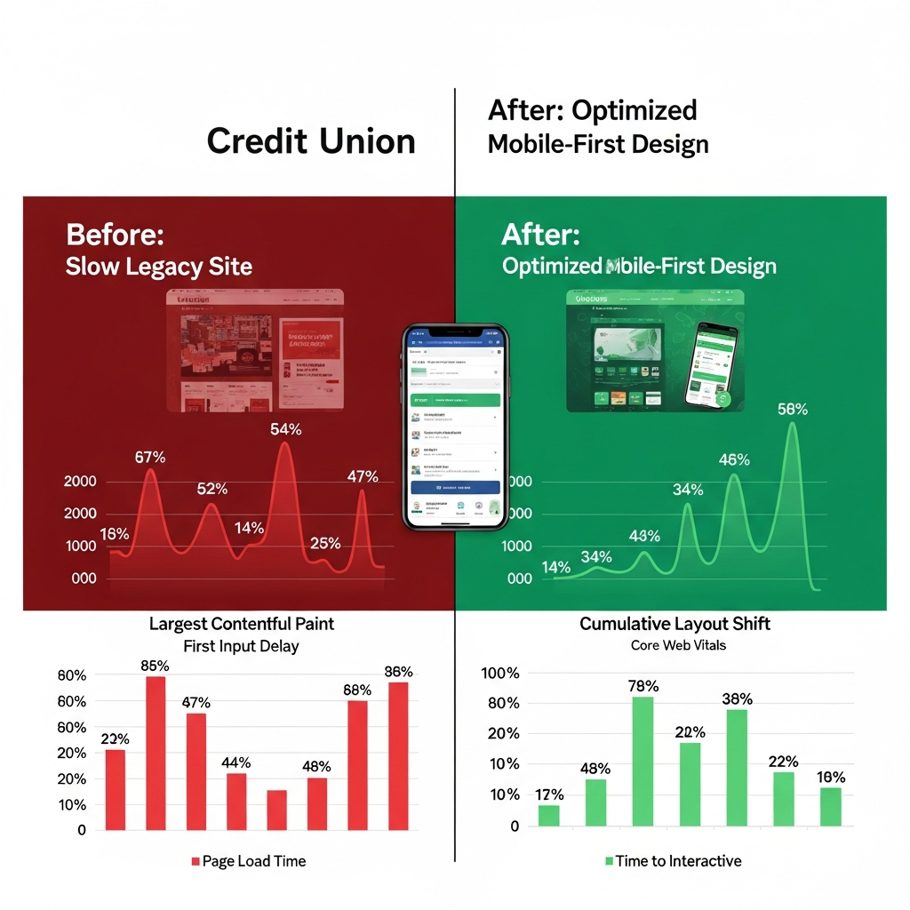 Before and after Core Web Vitals improvements for credit union website with mobile-first optimization