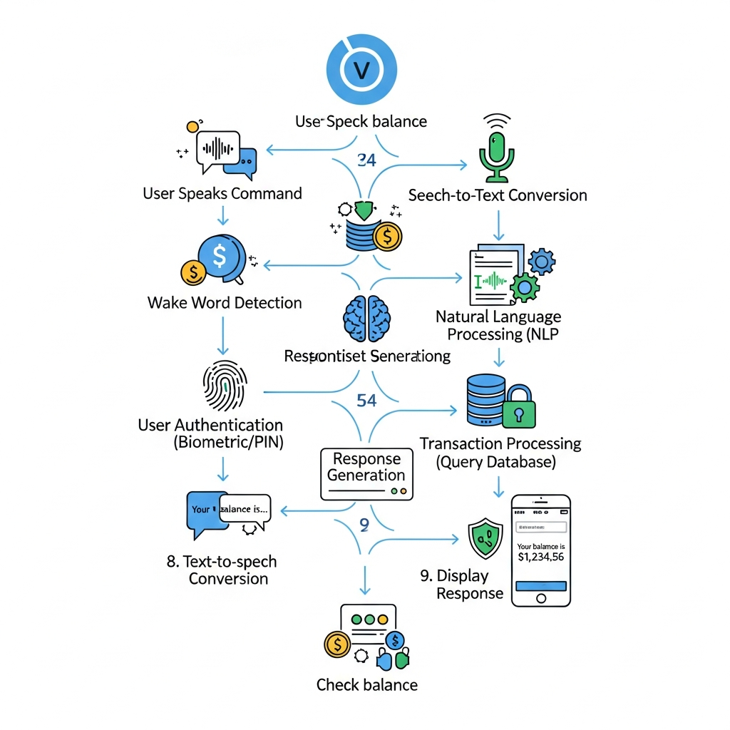 Flowchart of voice UI workflow in credit union banking app from wake word to response display