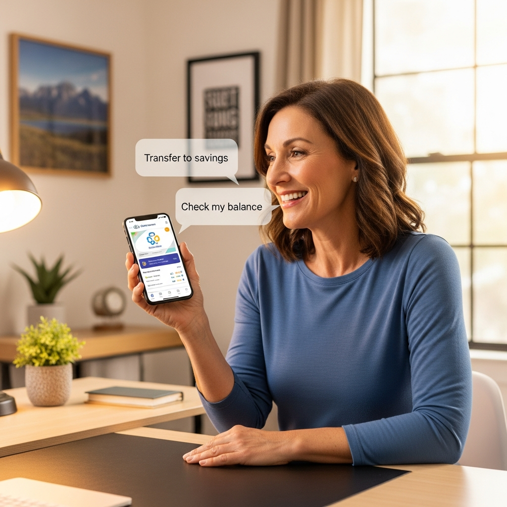 Credit Union Member Using Voice Commands for Digital Banking