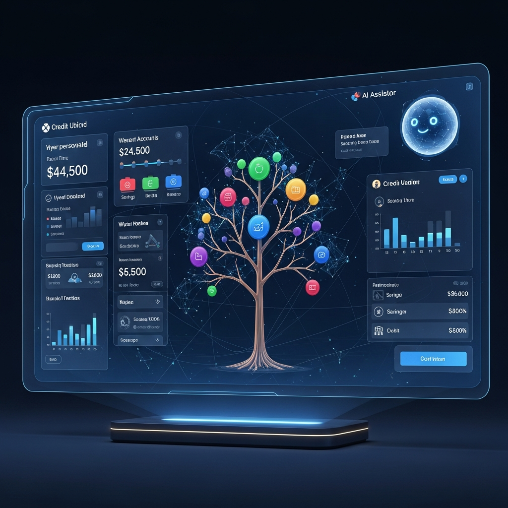 Futuristic Credit Union Digital Dashboard showing AI analytics