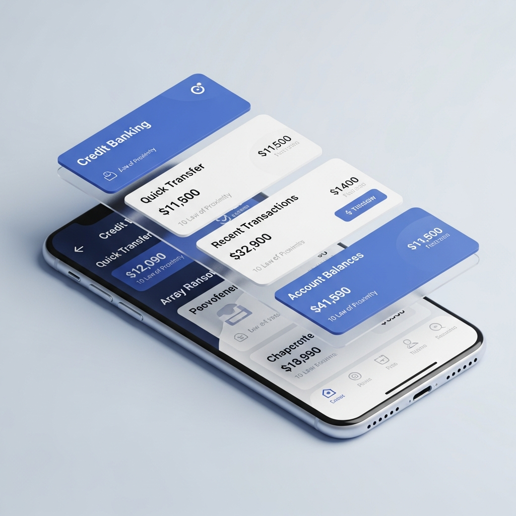3D Isometric Credit Union UI visualization showing the Law of Proximity in action