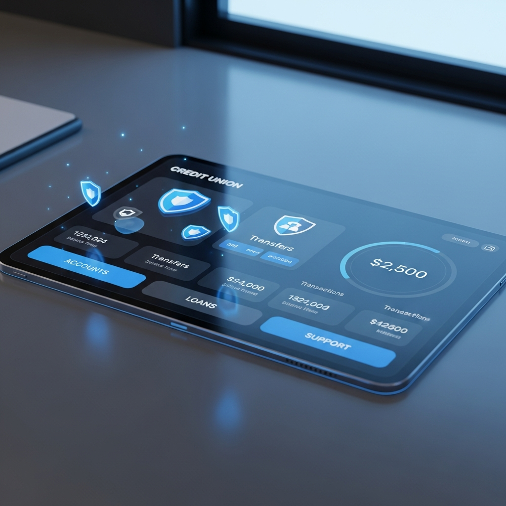 Futuristic Credit Union UI on Tablet