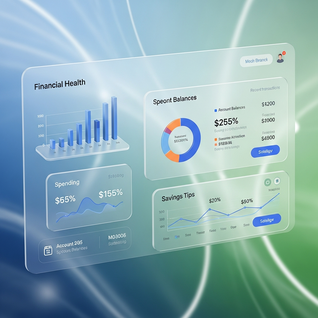 Sleek spatial UI design showing a credit union digital branch with glassmorphism and refractive lighting.