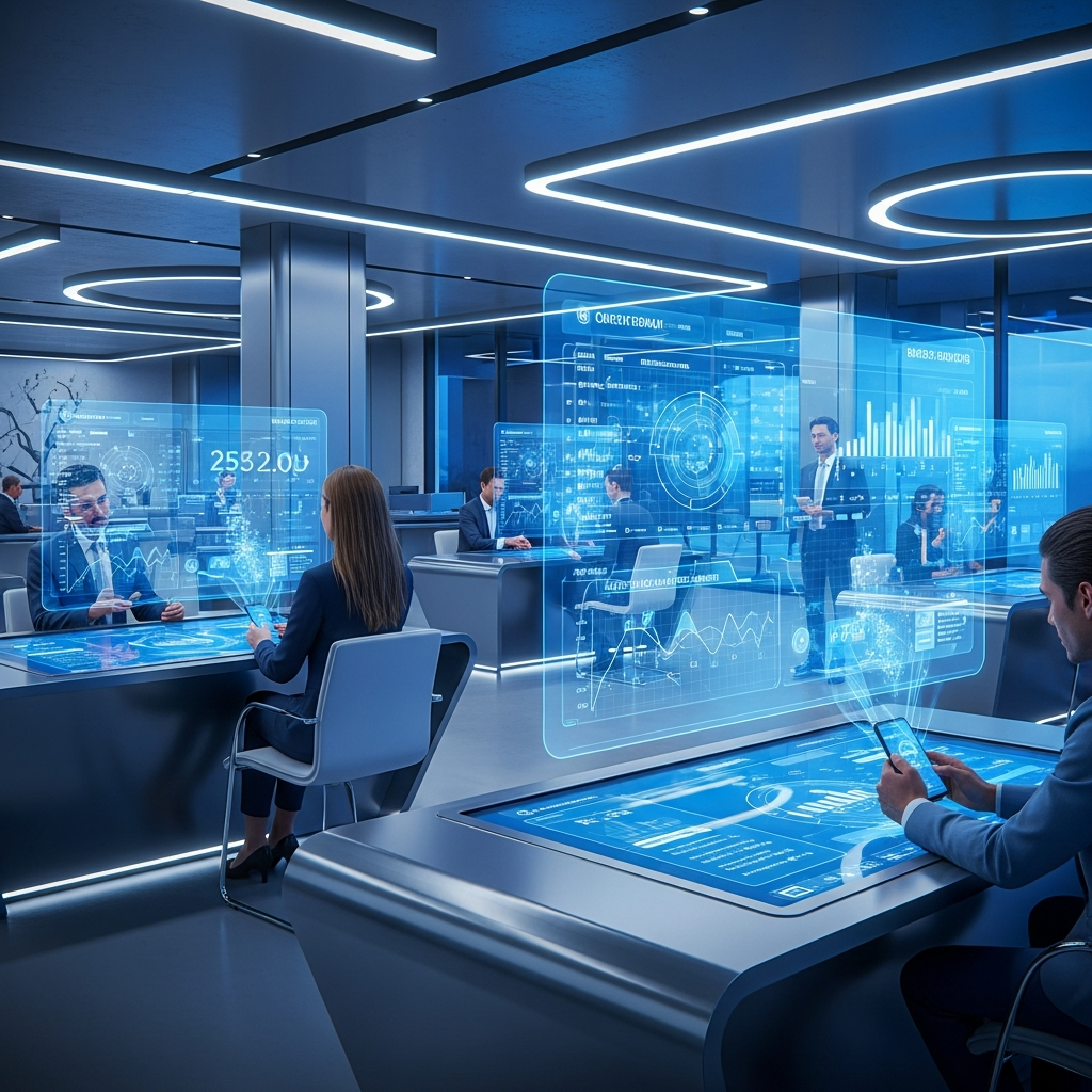 Futuristic Credit Union Digital Branch Interior 2026