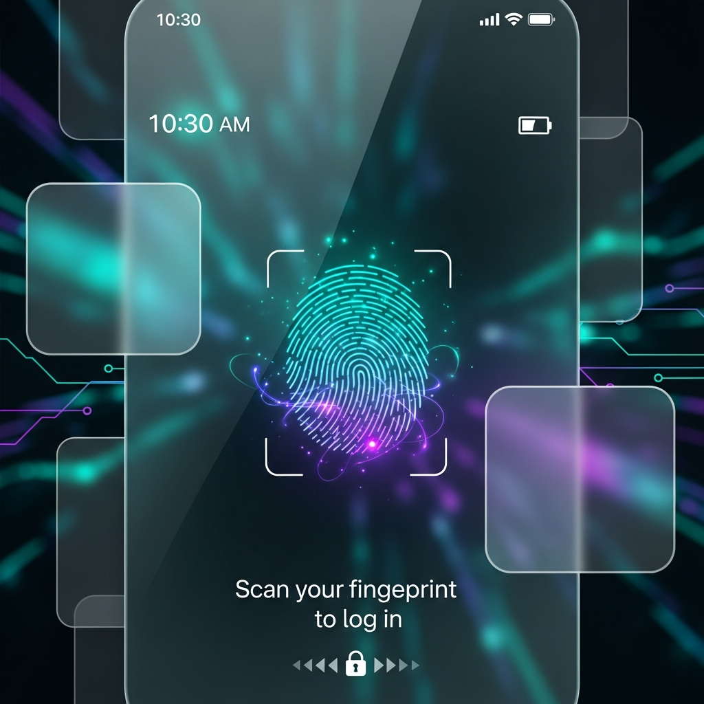 Futuristic 2026 Credit Union App UI with glowing biometric security login