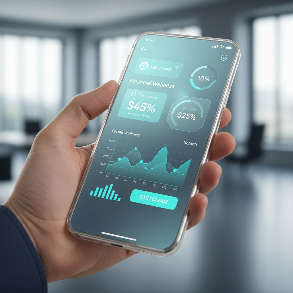 Futuristic mobile banking interface showing financial wellness charts on a smartphone