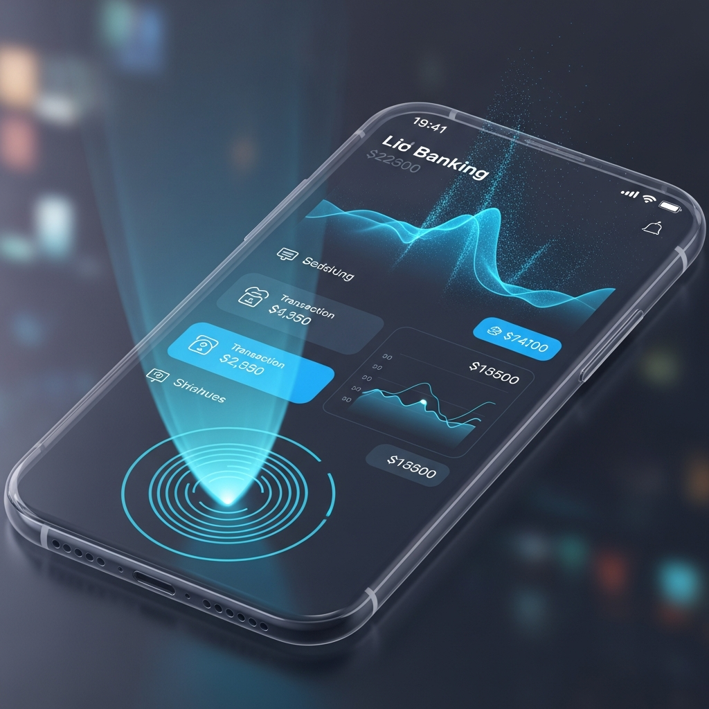 Futuristic Mobile Banking Interface with Haptic Feedback Visualizers