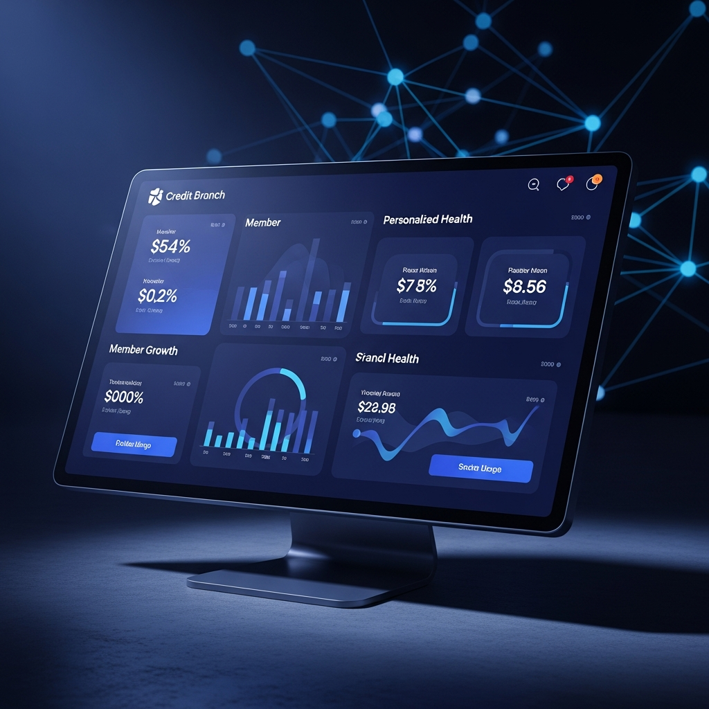 High-tech minimalist credit union digital branch dashboard 2026