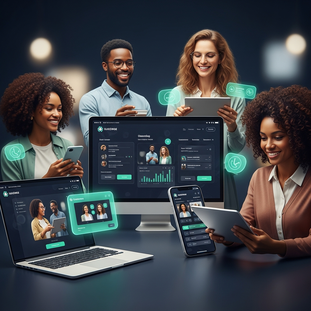 Cinematic editorial photography of diverse credit union members interacting with a modern, inclusive digital banking platform on various devices (laptop, tablet, smartphone). Blurred background with soft, inviting light. Emphasize ease of use and universal access. Glassmorphism UI elements, soft glowing gradients, dark navy background (#0B1120), vibrant emerald (#10B999) accent colors.