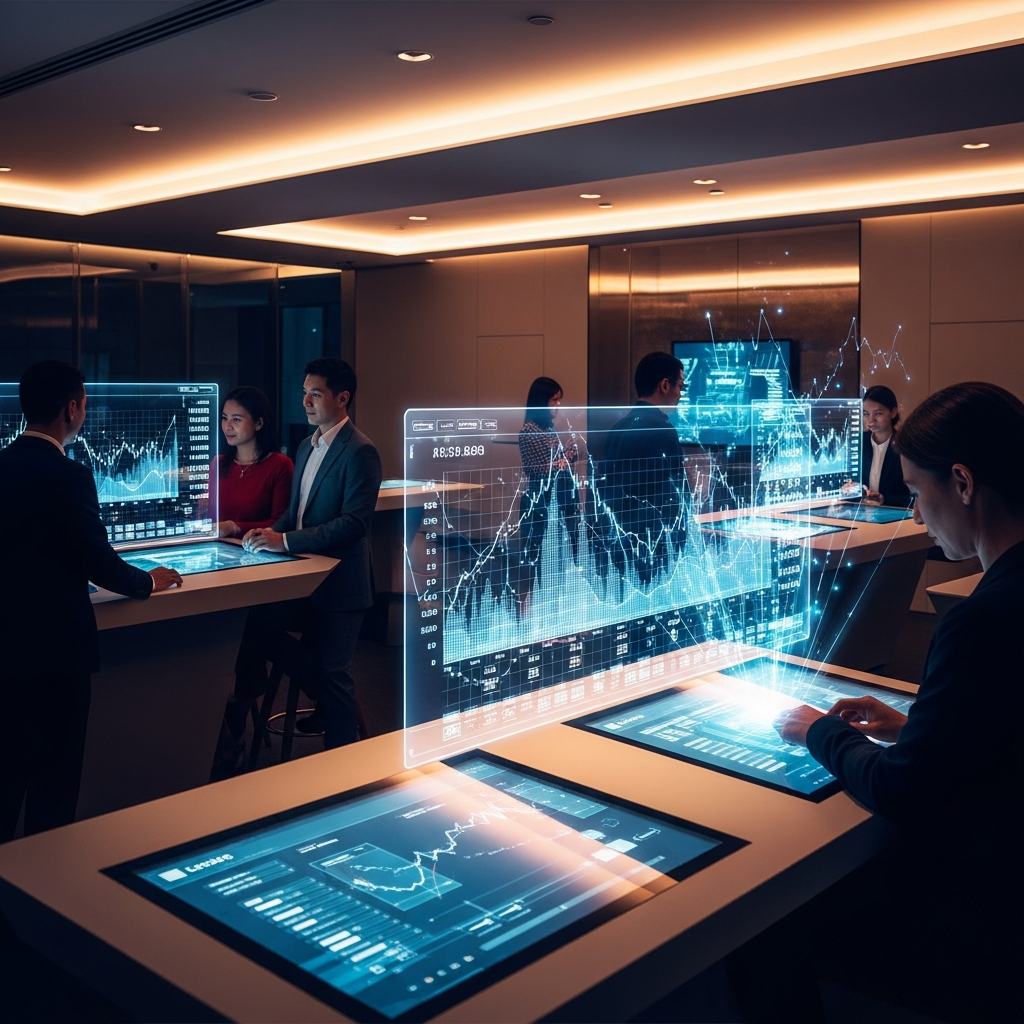 Modern fluid digital banking interface on a luxury glass screen