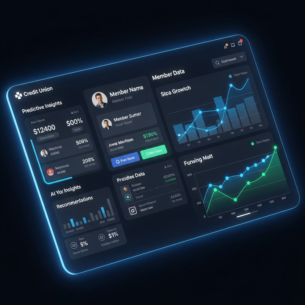 Sleek fintech UI dashboard visualizing member financial growth and AI-powered recommendations
