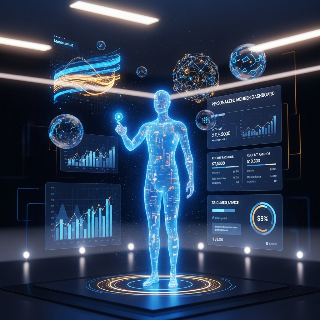 Advanced Predictive AI Dashboard for Credit Union Members showing spending trends, proactive alerts, and financial goal progress with a sleek data-driven interface